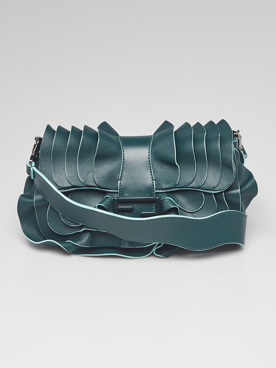 Fendi Green Ruffled Leather Baguette Crossbody Bag - 8BR600