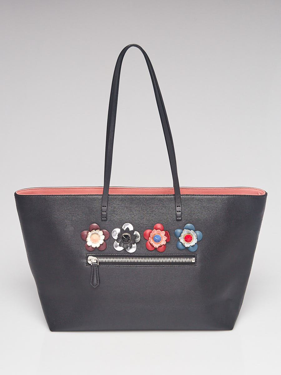 Fendi Black Vitello Elite Leather Flowerland Roll Tote Bag 8BH185