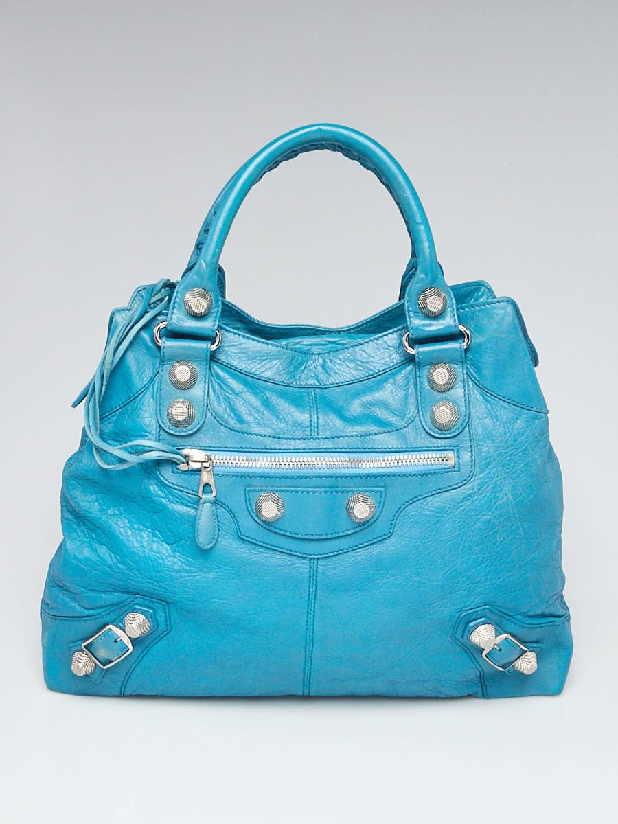 Balenciaga Aquamarine Lambskin Leather Giant 21 Silver Brief Bag