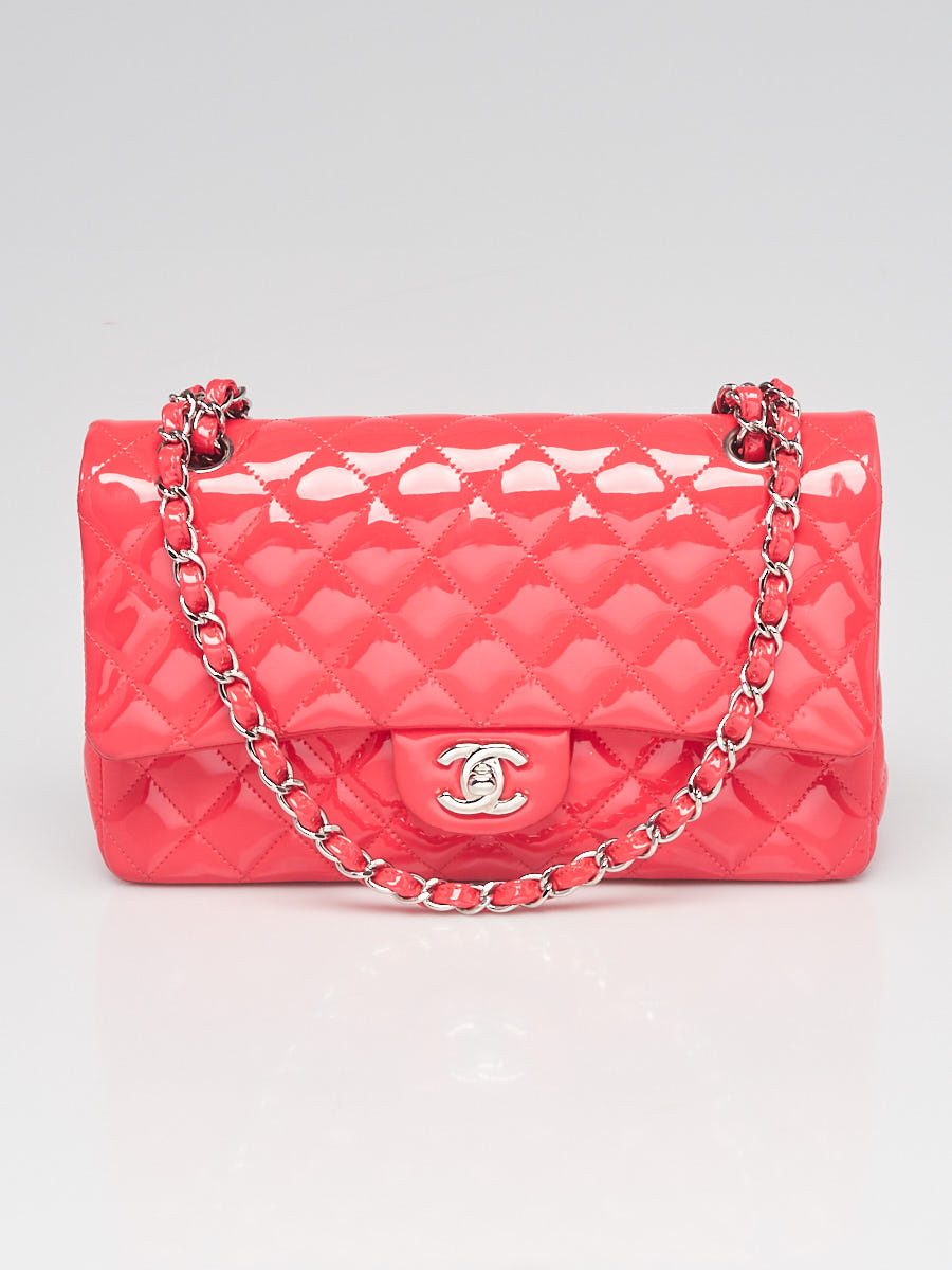 Chanel Bright Pink Quilted Patent Leather Classic Medium Double Flap Bag
