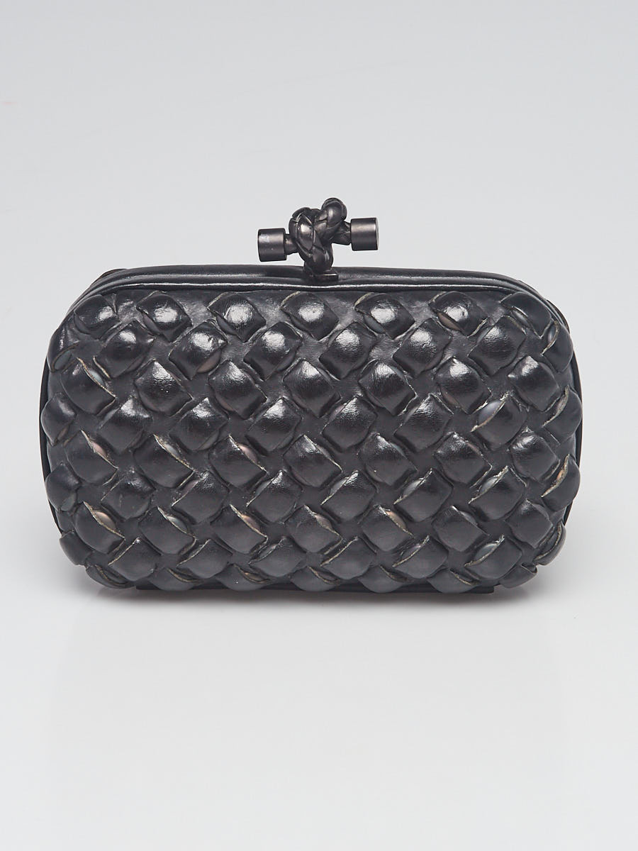 Bottega Veneta Black Woven Leather Knot Clutch Bag
