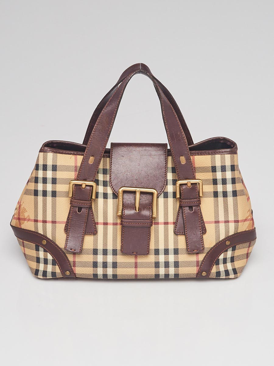 Burberry Brown Leather Haymarket Check Coated Canvas Small Buckle Tote Bag