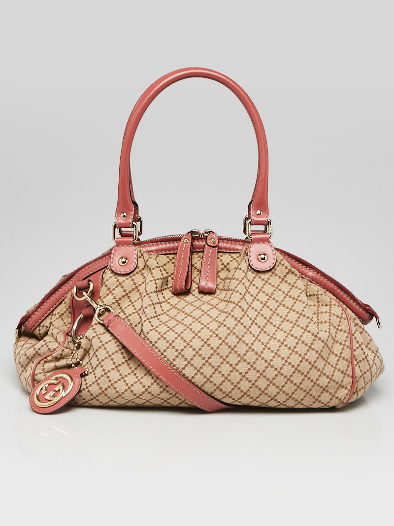 Gucci Beige Pink Diamante Canvas Sukey Medium Boston Bag