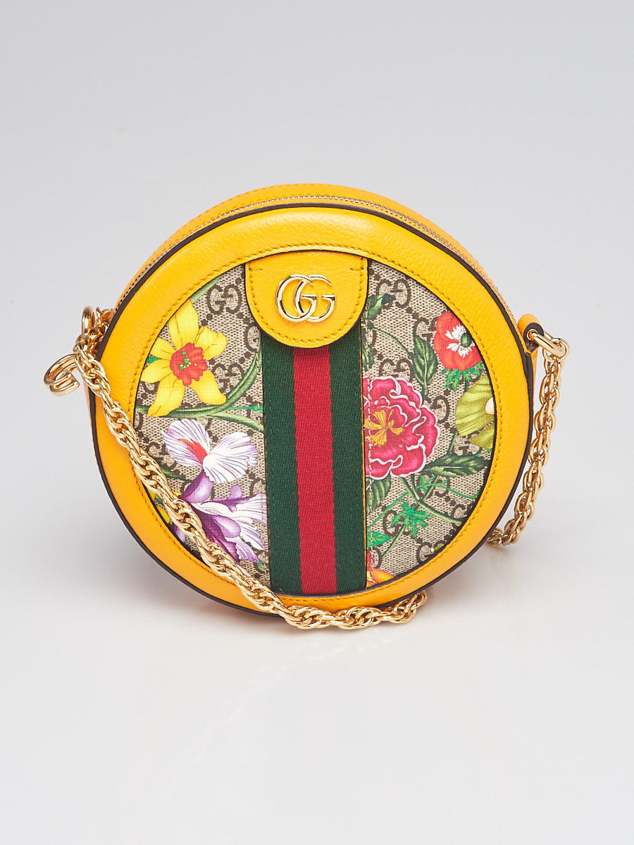 Gucci Yellow Leather Floral Print Canvas Ophidia Round Mini Crossbody Bag