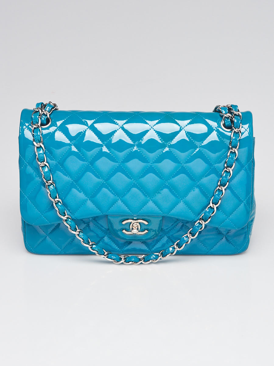 Chanel Blue Quilted Patent Leather Classic Jumbo Double Flap Bag