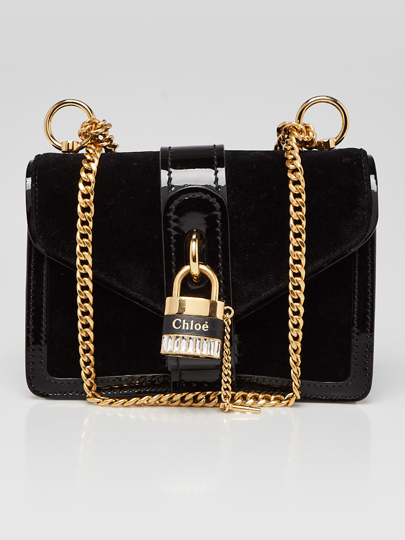 Chloe Black Velvet Patent Leather Aby Lock Chain Mini Crossbody Bag