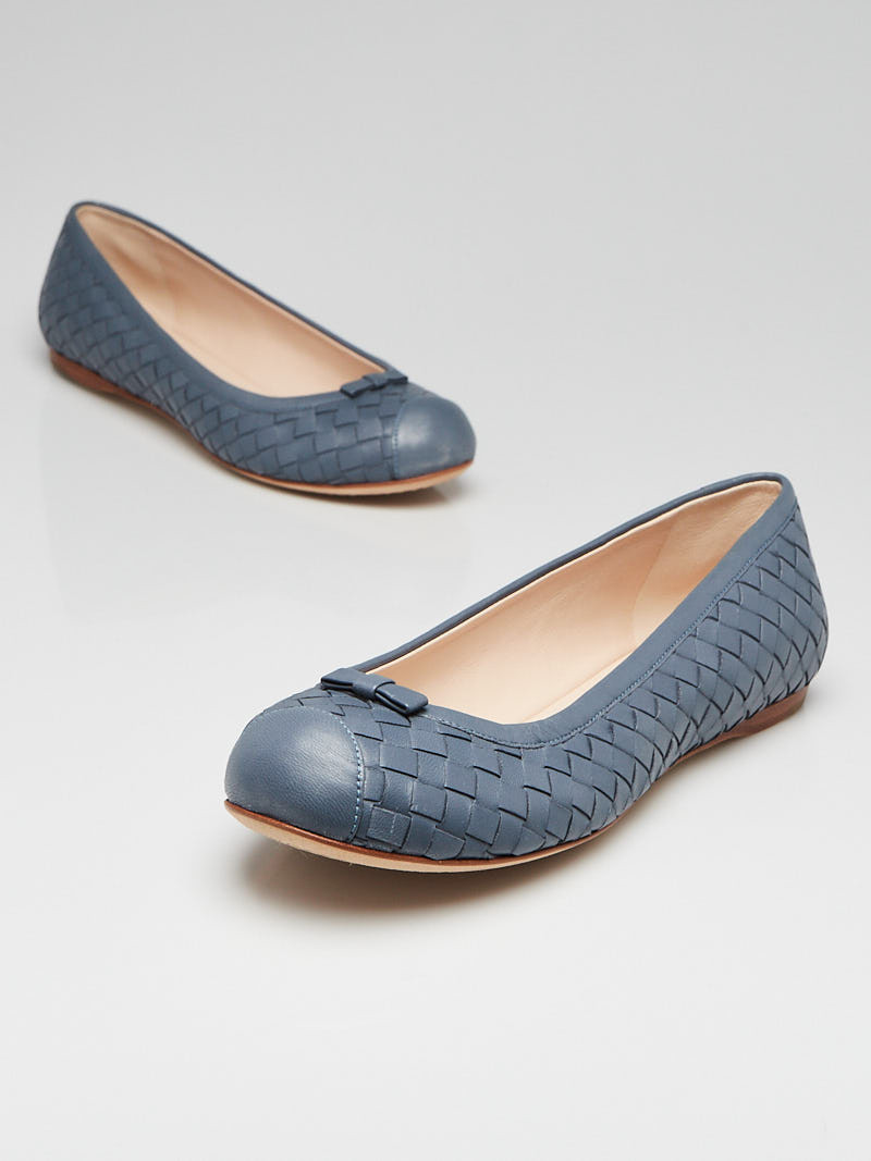 Bottega Veneta Light Blue Intrecciato Woven Nappal Leather Bow Ballet Flats Size 7.5 38