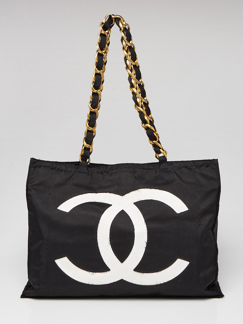 Chanel Black White Nylon Canvas CC Logo Chain Shopping Tote Bag