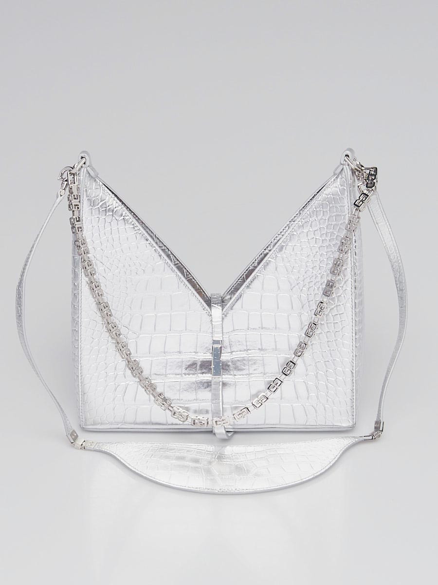 Givenchy Silver Crocodile Embossed Leather Small Cut Out Chain Bag