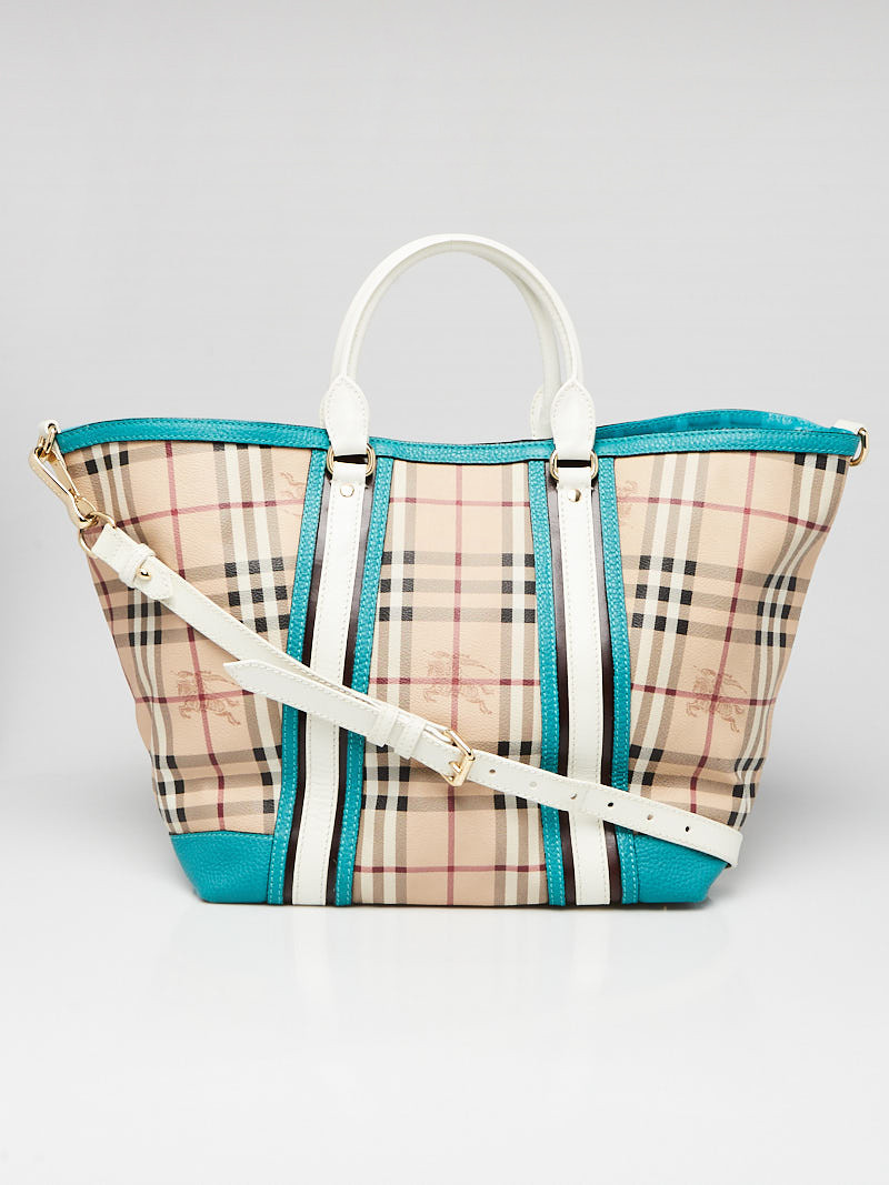 Burberry Teal Leather Haymarket Check Coated Canvas Tote Bag