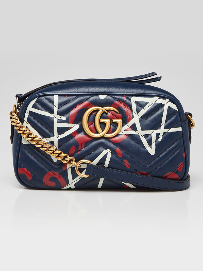 Gucci Blue Ghost Print Quilted Leather Marmont Metalasse Small Shoulder Bag