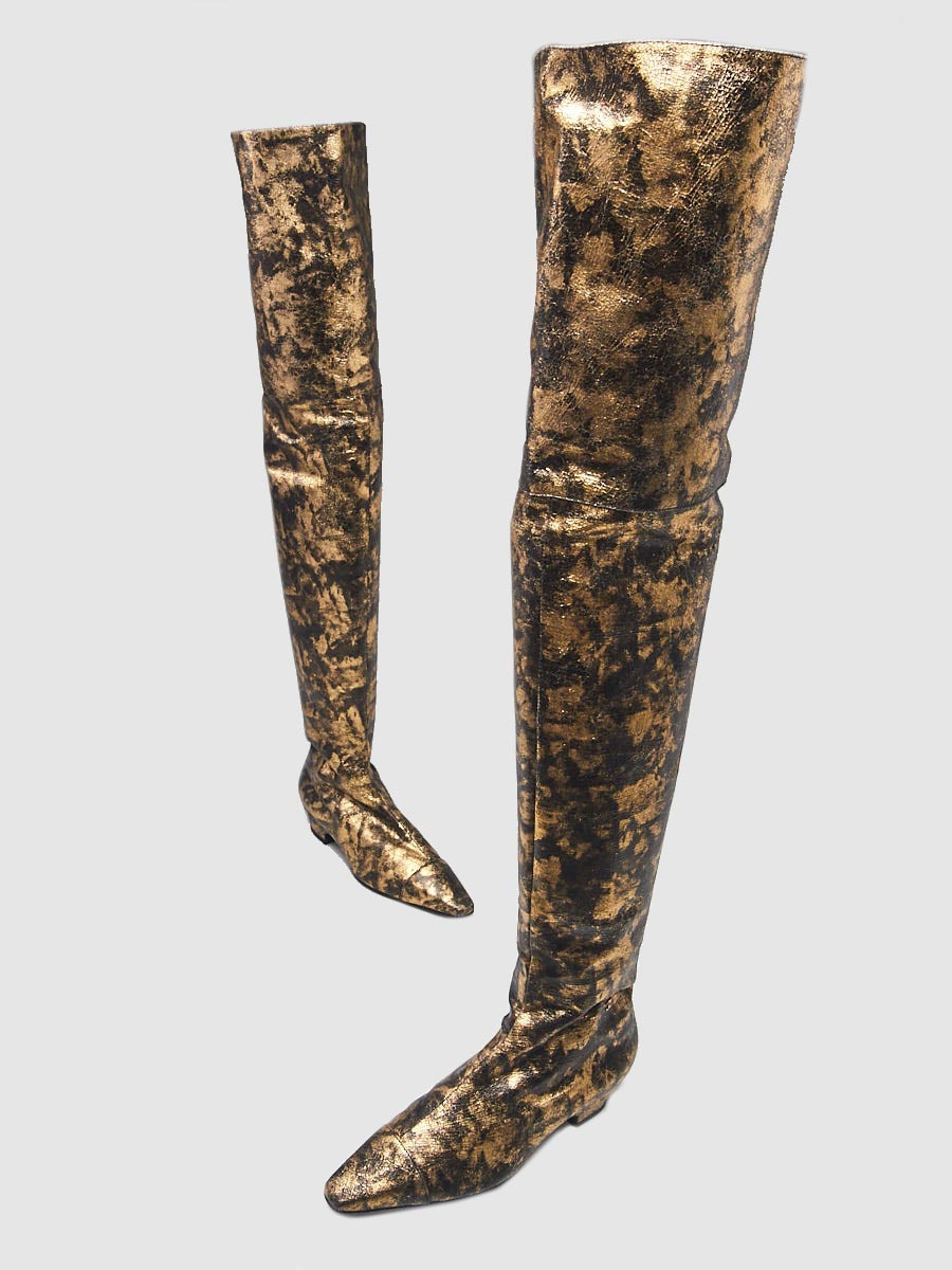 Chanel Gold Laminated Chevre Leather High Boots Size 7 7.5