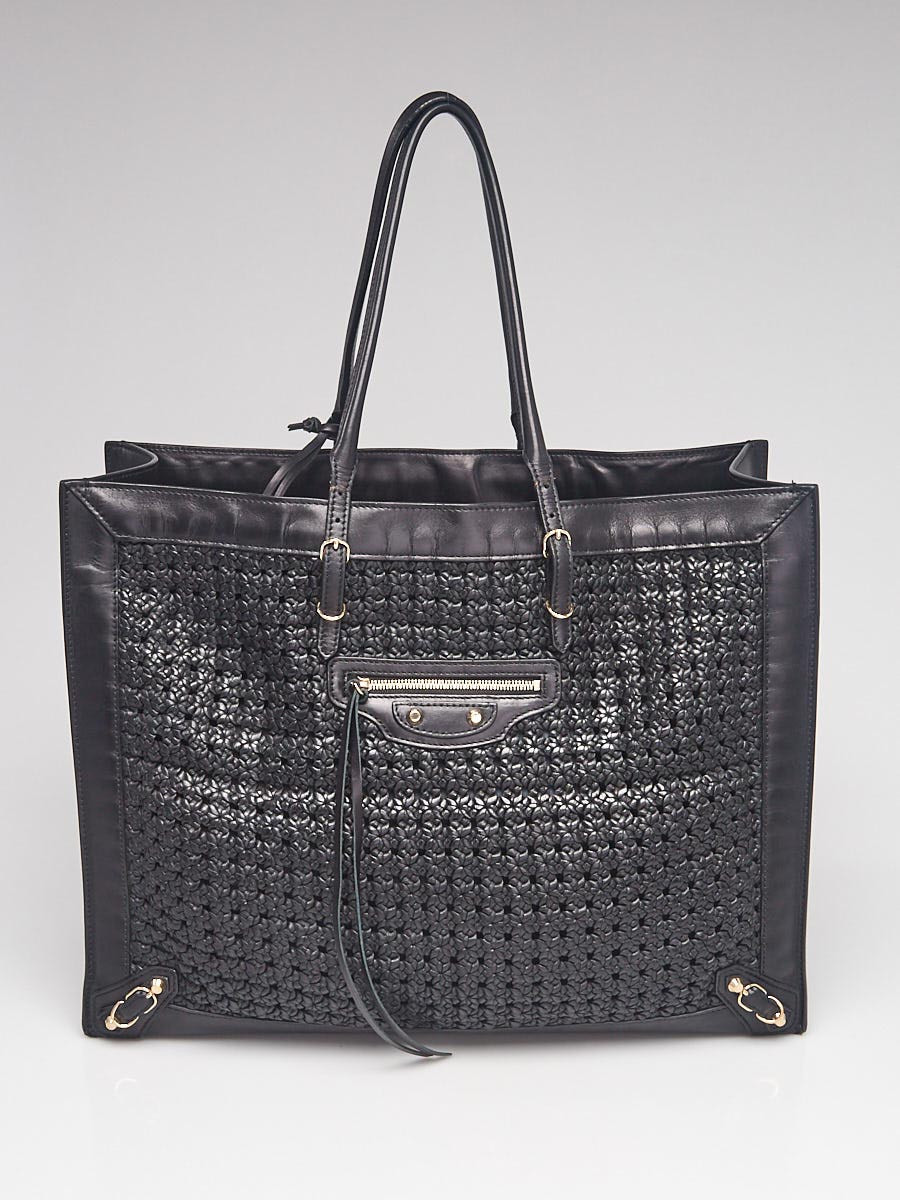 Balenciaga Black Lambskin Leather Papier A4 Open Weave Tote Bag
