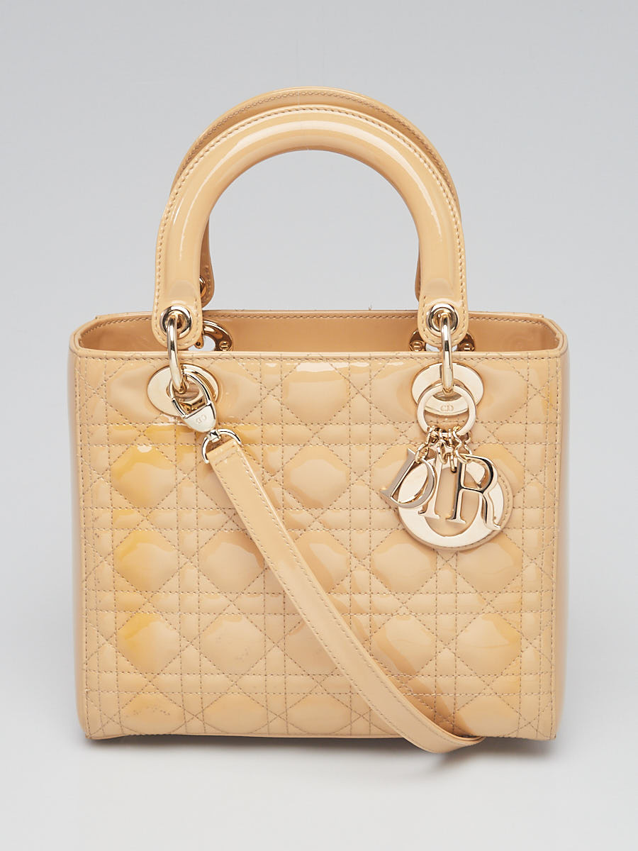 Christian Dior Beige Cannage Quilted Patent Leather Medium Lady Dior Bag