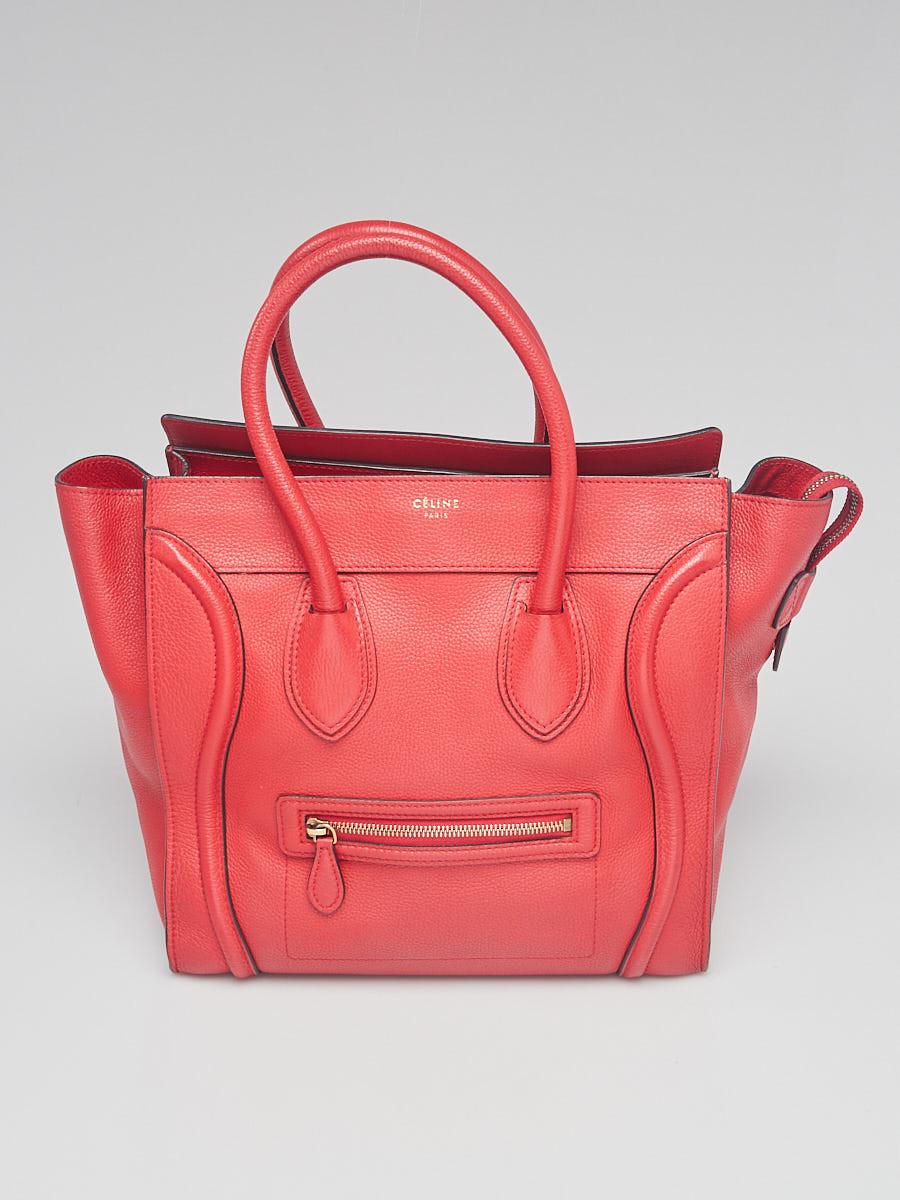 Celine Red Drummed Calfskin Leather Mini Luggage Tote Bag