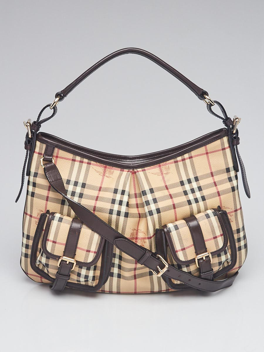 Burberry Brown Leather Haymarket Check Coated Canvas Hobo Bag