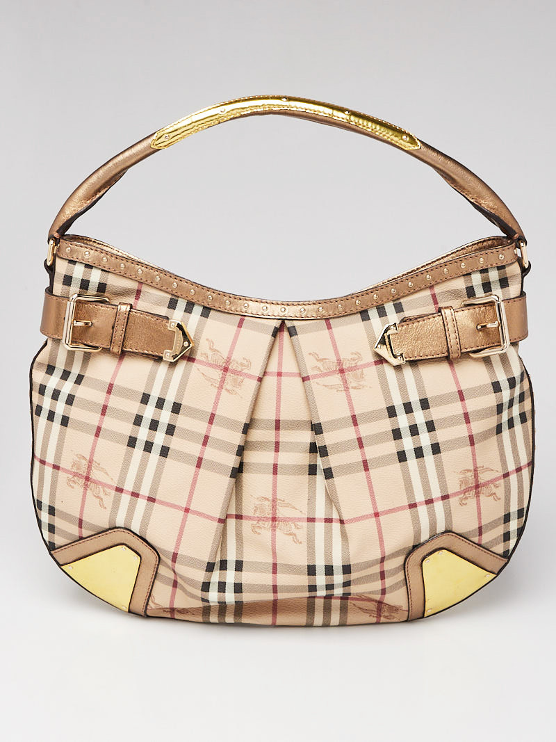 Burberry Gold Leather Haymarket Check Coated Canvas Hobo Bag
