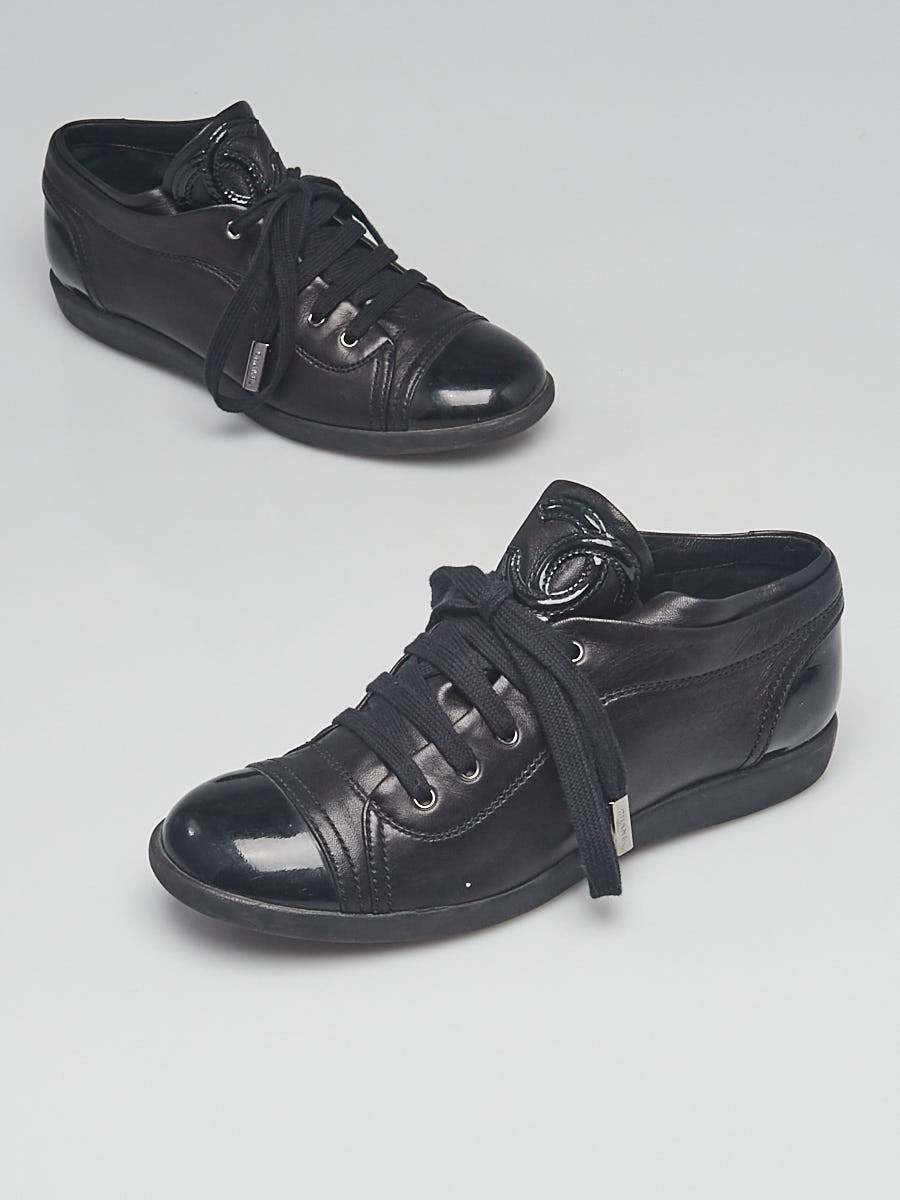 Chanel Black Leather Patent Leather CC Logo Sneakers Size 5.5 36