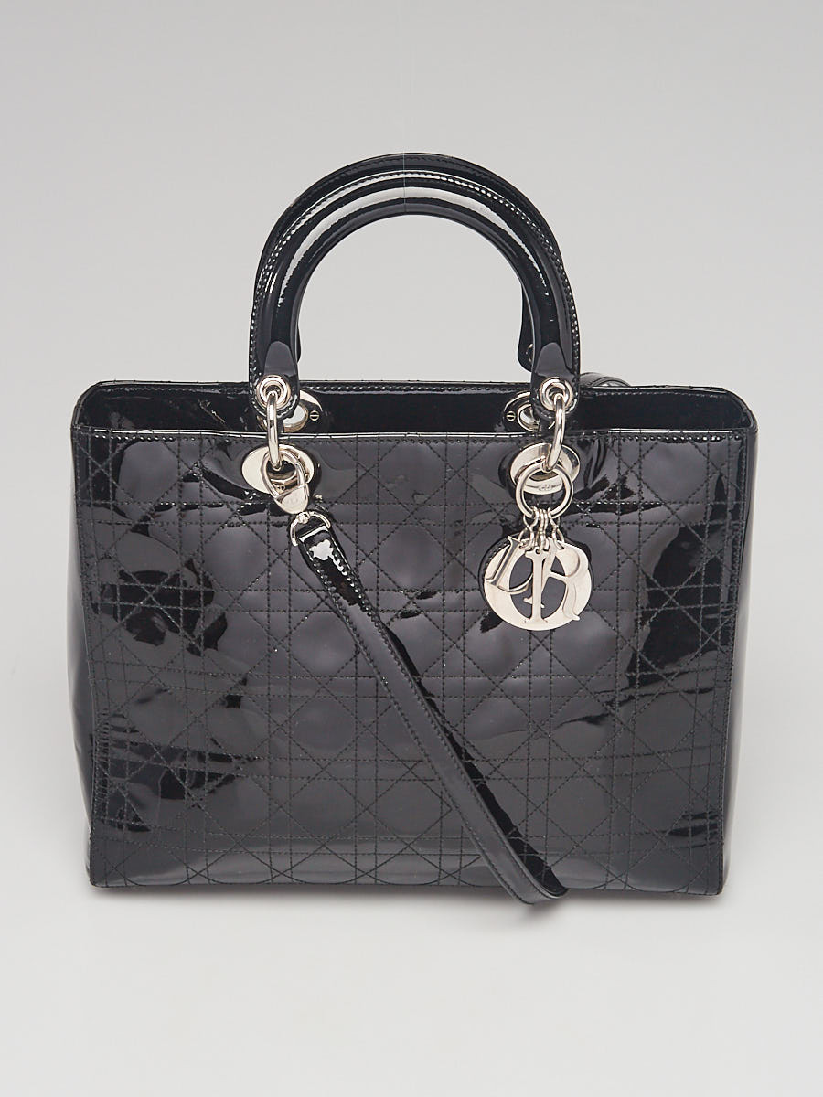 Christian Dior Black Cannage Quilted Patent Leather Large Lady Dior Bag
