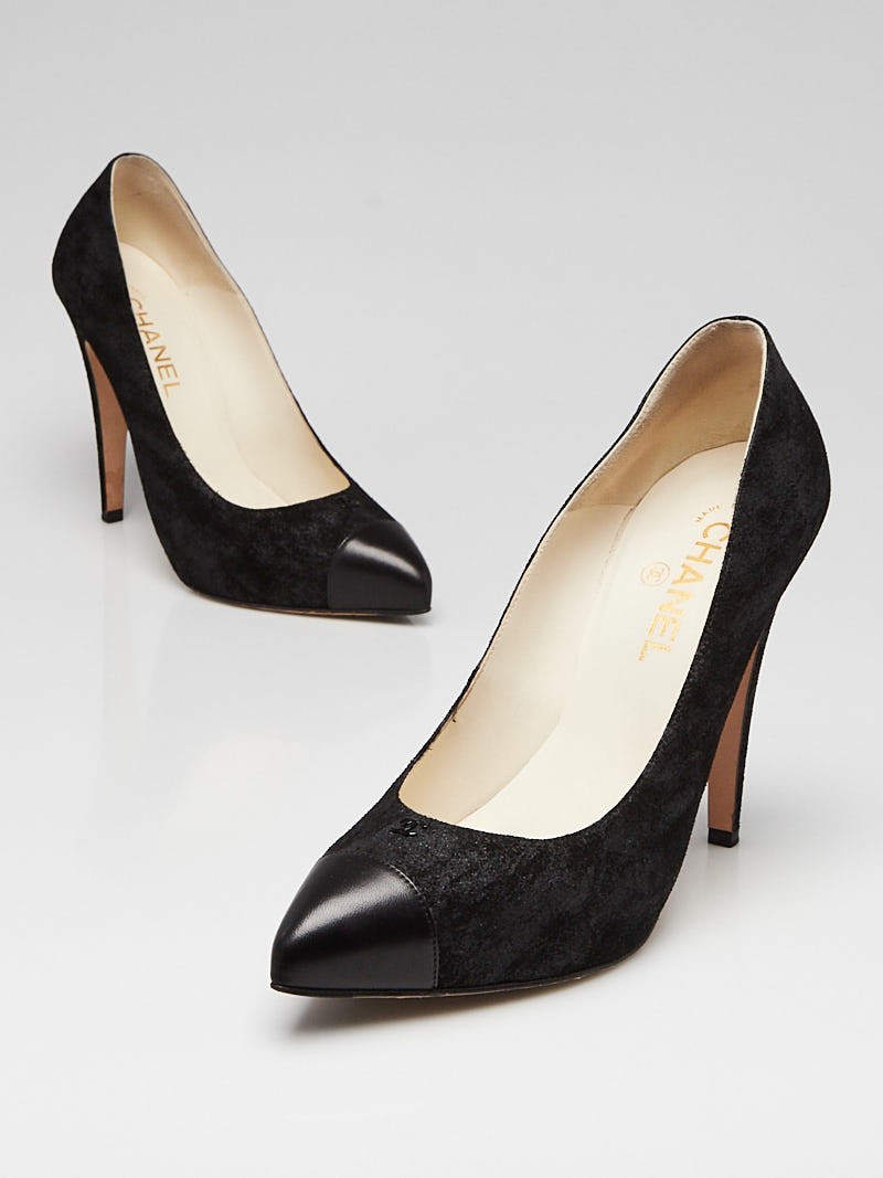 Chanel Black Distressed Suede CC Cap Toe Pointed Toe Pumps Size 8.5 39