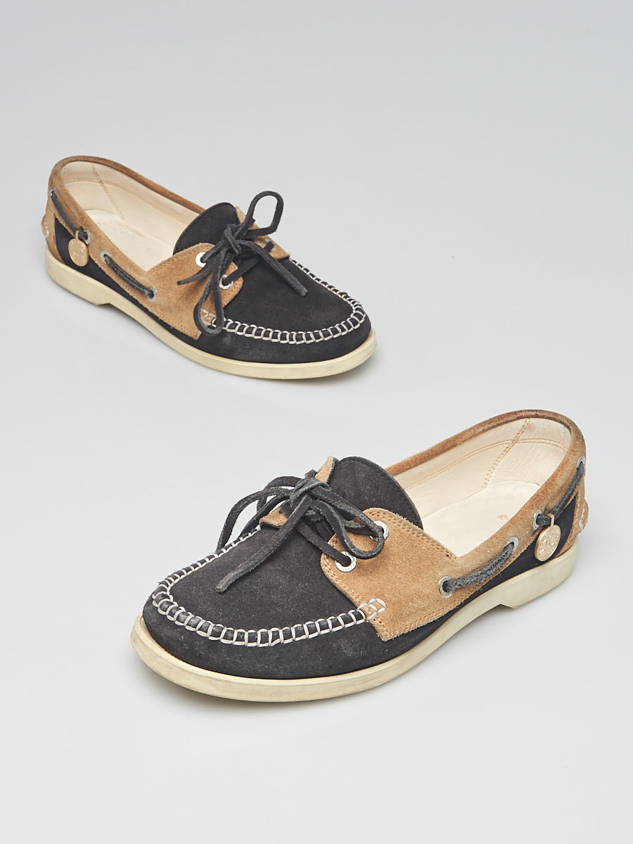 Chanel Black Brown Suede Boat Shoe Flats Size 6 36.5