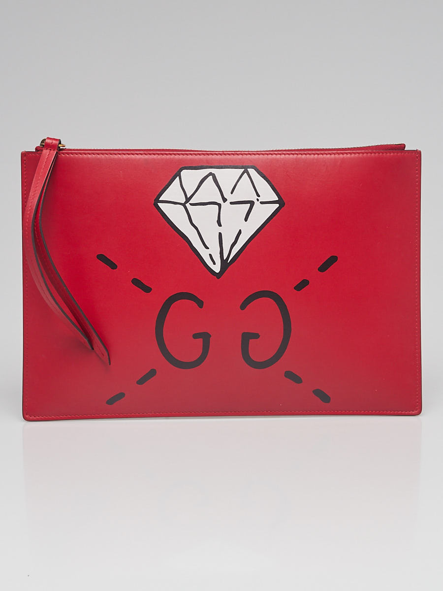 Gucci Red Leather Ghost Diamond Print Pouch Clutch Bag