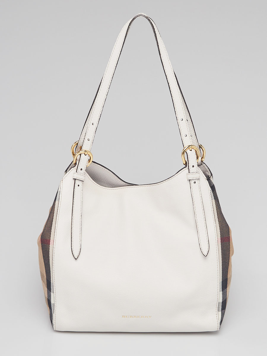 Burberry White Leather and House Check Canvas Small Canterbury Tote Bag