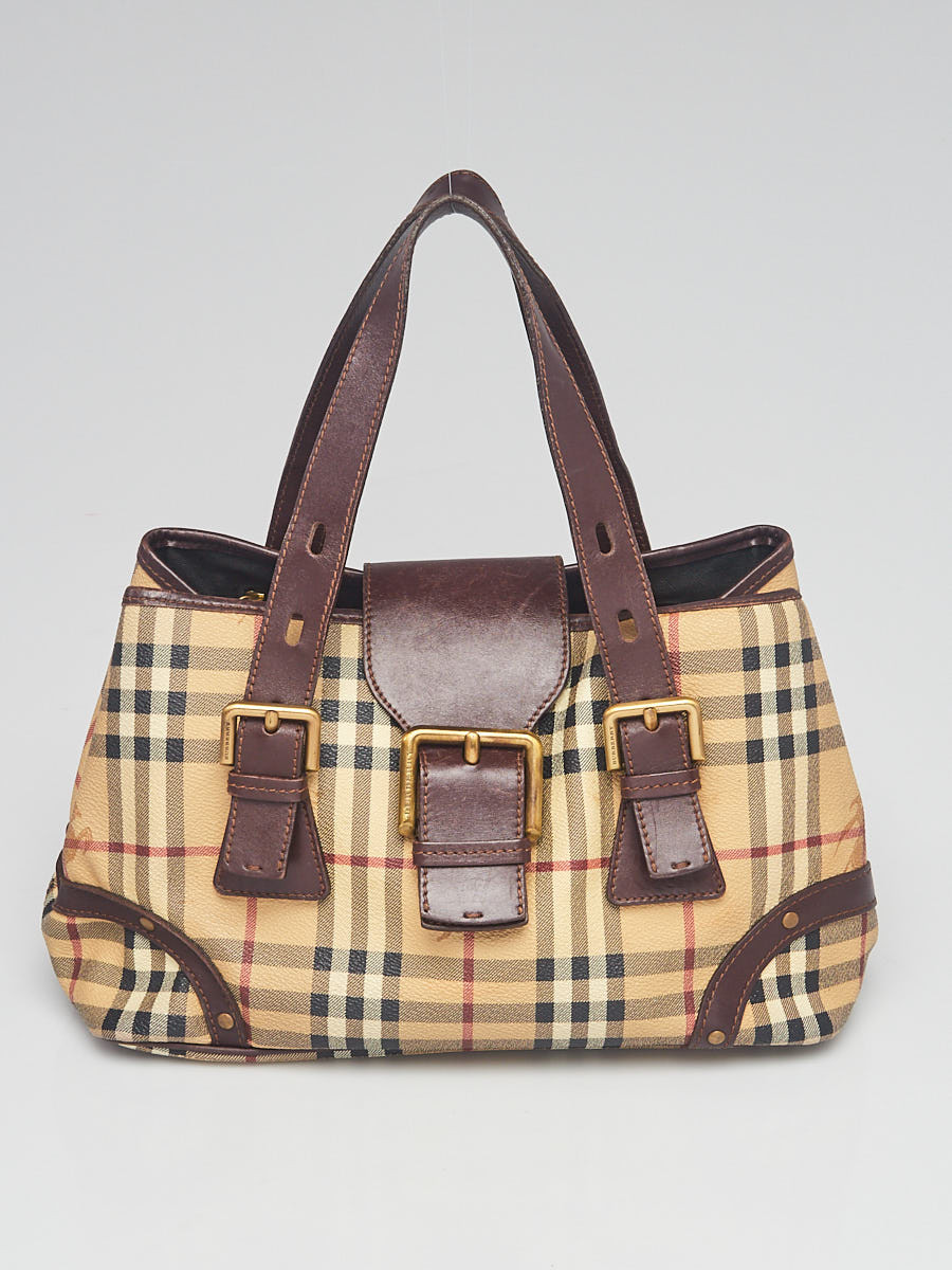 Burberry Brown Leather Harmarket Check Coated Canvas Small Buckle Tote Bag