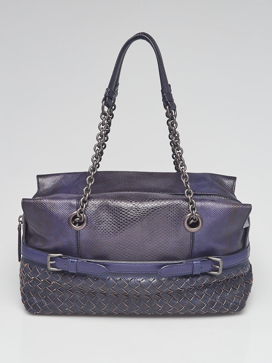 Bottega Veneta Blue Black Lizard and Leather Woven Chain Shoulder Bag