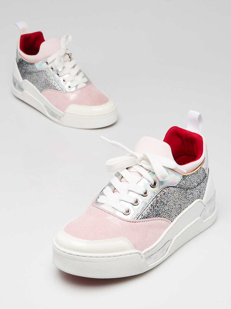 Christian Louboutin Pink White Leather Holographic Glitter Aurelian Sneakers Size 5.5 36