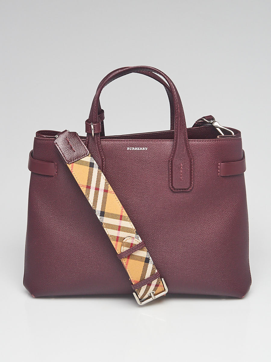 Burberry Mahogany Red Pebbled Leather House Check Medium Banner Tote Bag