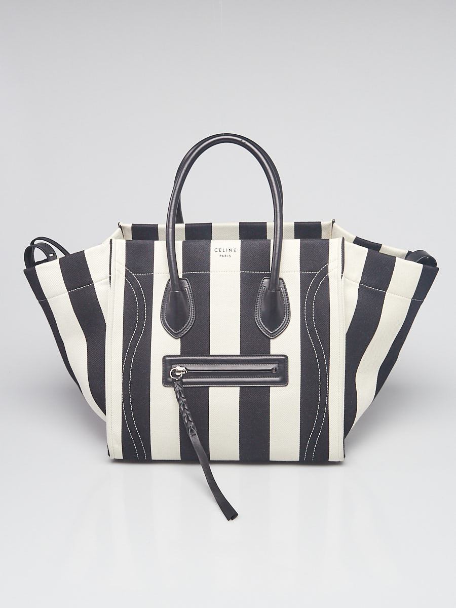 Celine Chanel Black White Striped Canvas Phantom Luggage Tote Bag