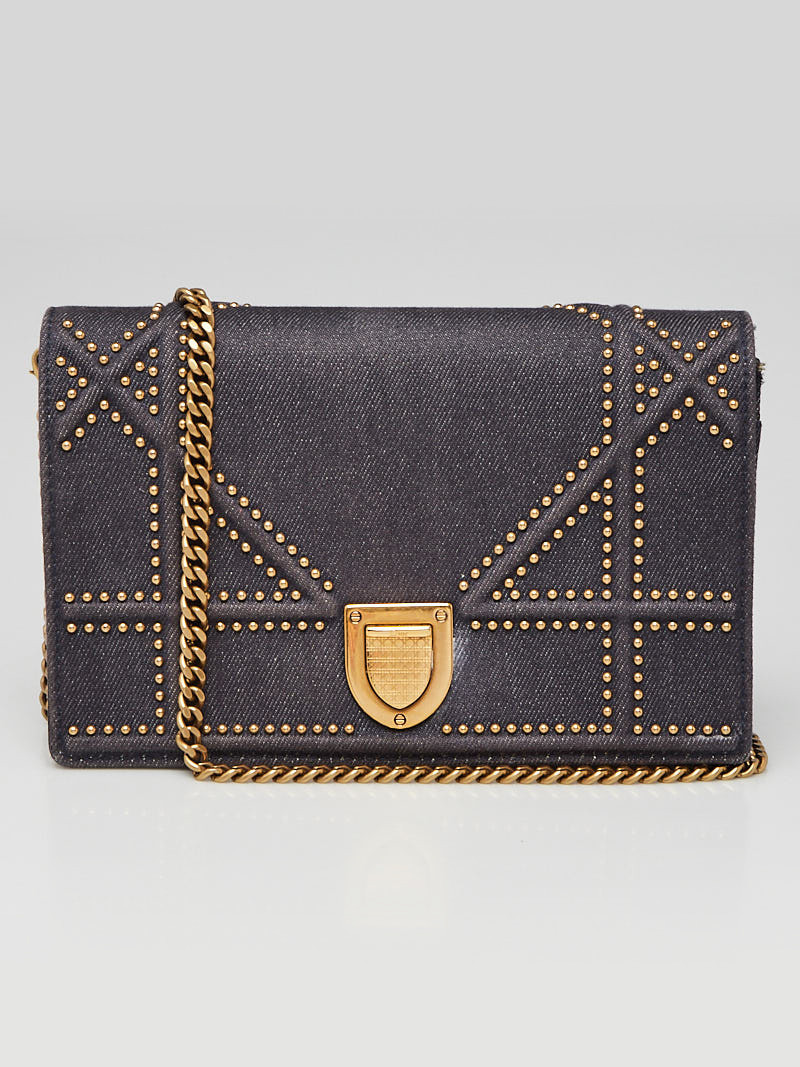 Christian Dior Blue Denim Studded Diorama Wallet on Chain Clutch Bag