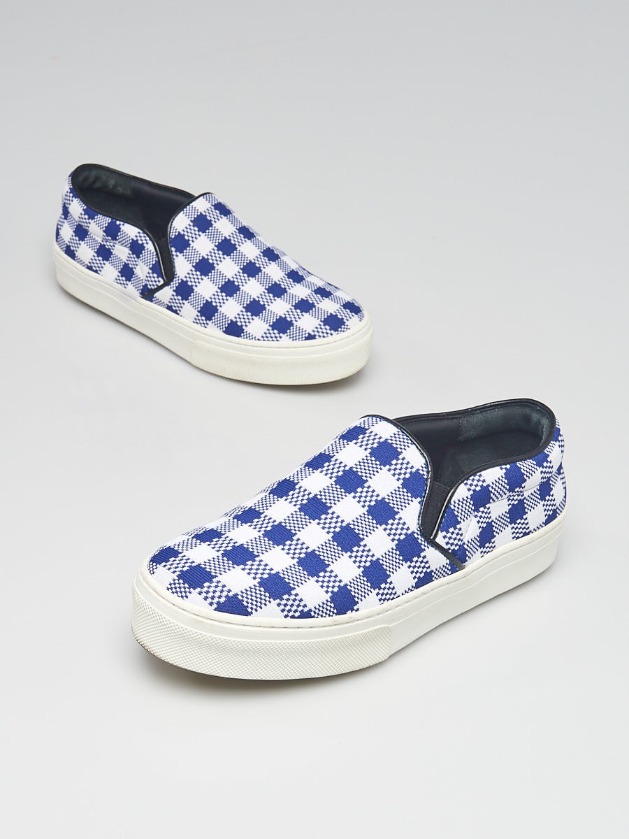 Celine Blue White Gingham Print Canvas Slip On Sneakers Size 5.5 36