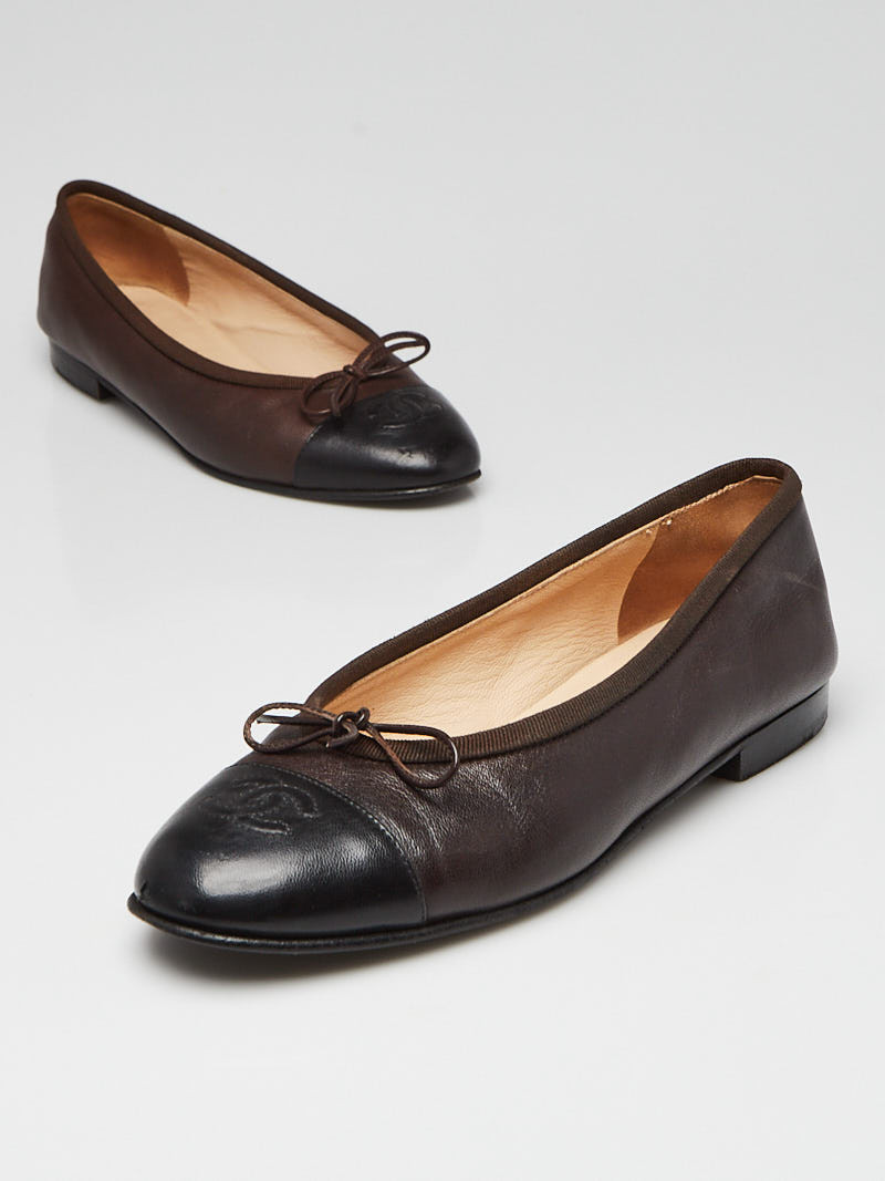 Chanel Brown Black Leather CC Cap Toe Ballet Flats 5.5 36