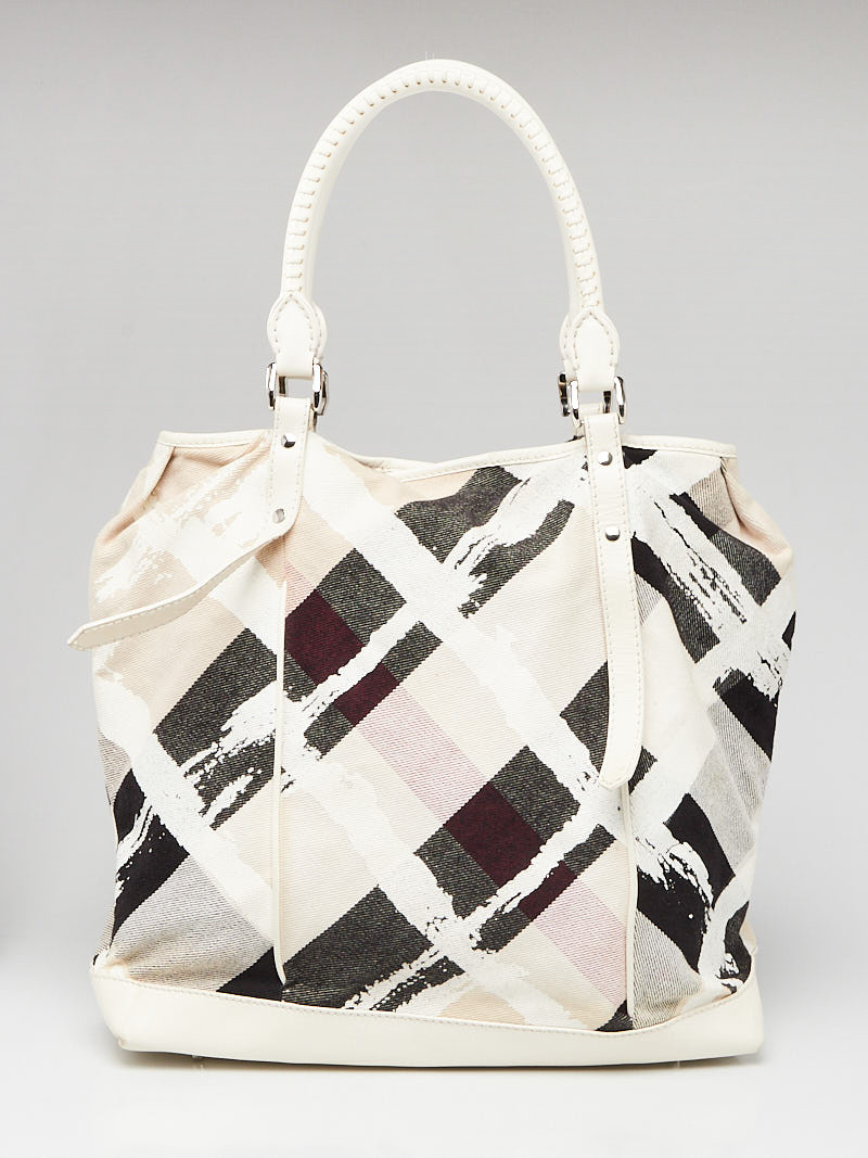 Burberry White Check Canvas and Leather Tote Bag