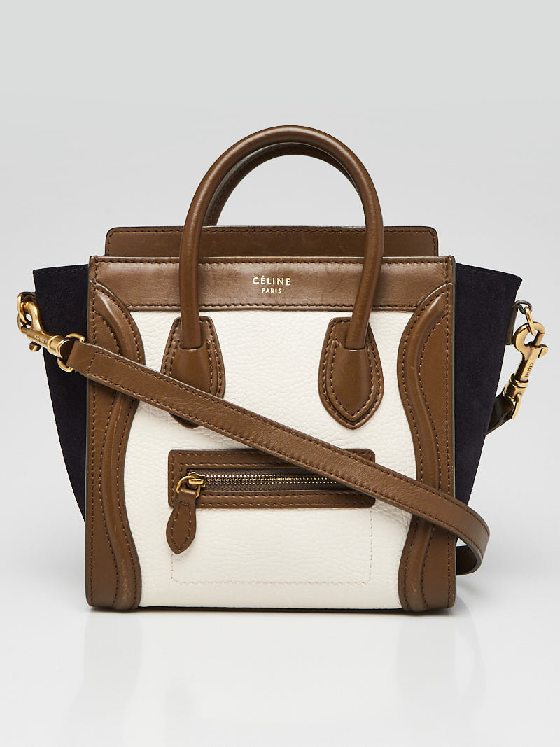 Celine White Brown Navy Blue Leather and Suede Nano Luggage Tote Bag