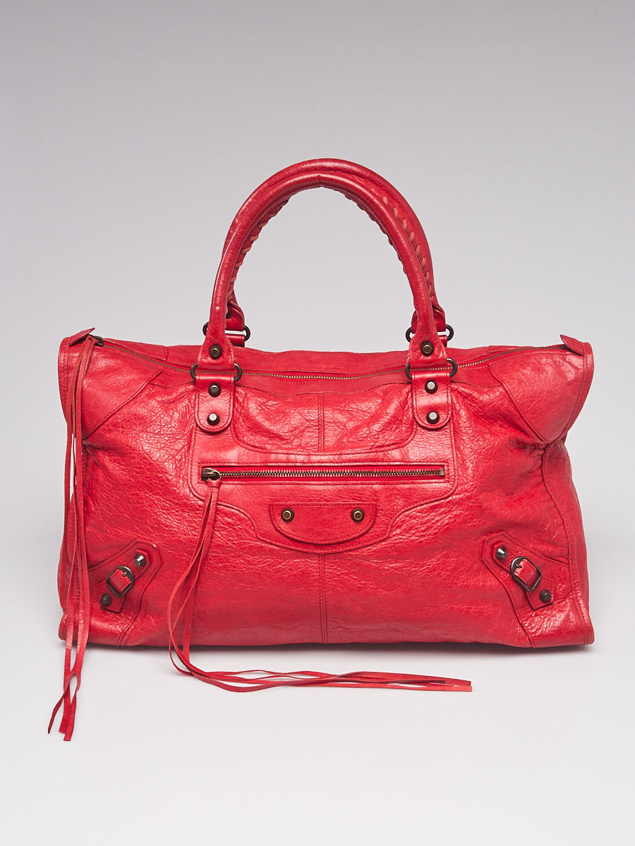 Balenciaga Coquelicot Lambskin Leather Motorcycle Work Bag