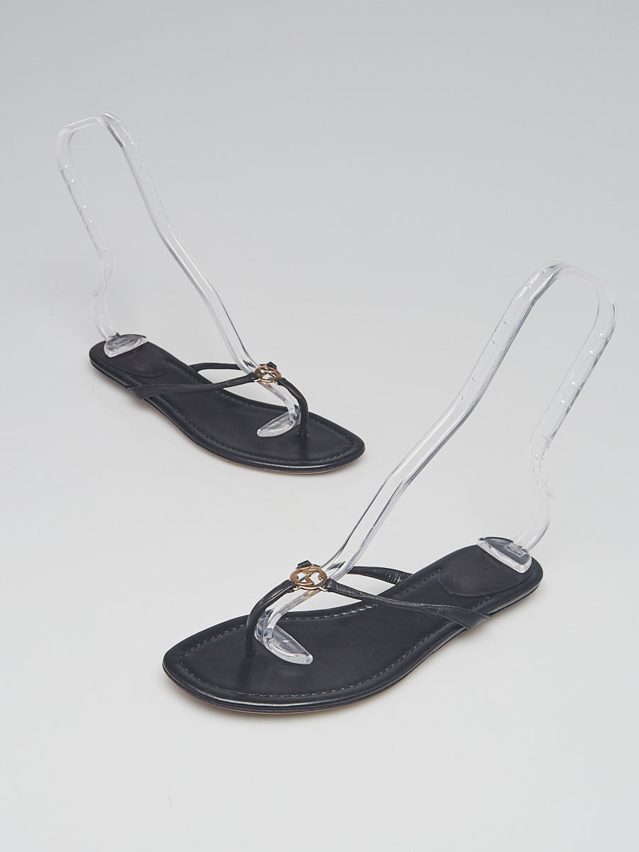 Gucci Black Leather Interlocking G Flat Thong Sandals Size 6.5 37
