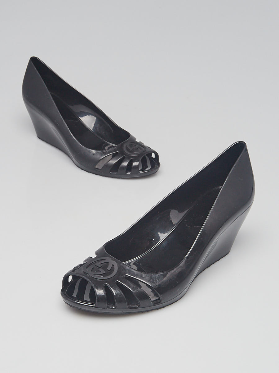 Gucci Black Rubber Interlock G Jelly Wedges Size 5.5 36