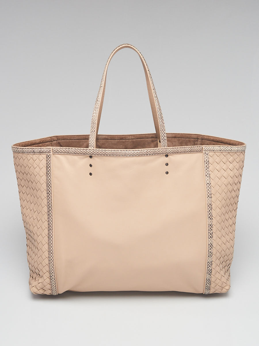 Bottega Veneta Beige Leather Snakeskin Tote Bag