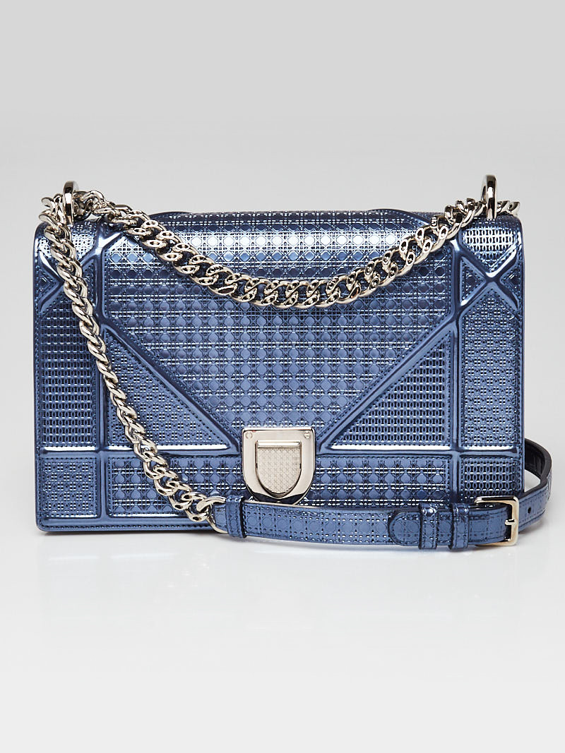 Christian Dior Blue Metallic Leather Micro Cannage Medium Diorama Bag