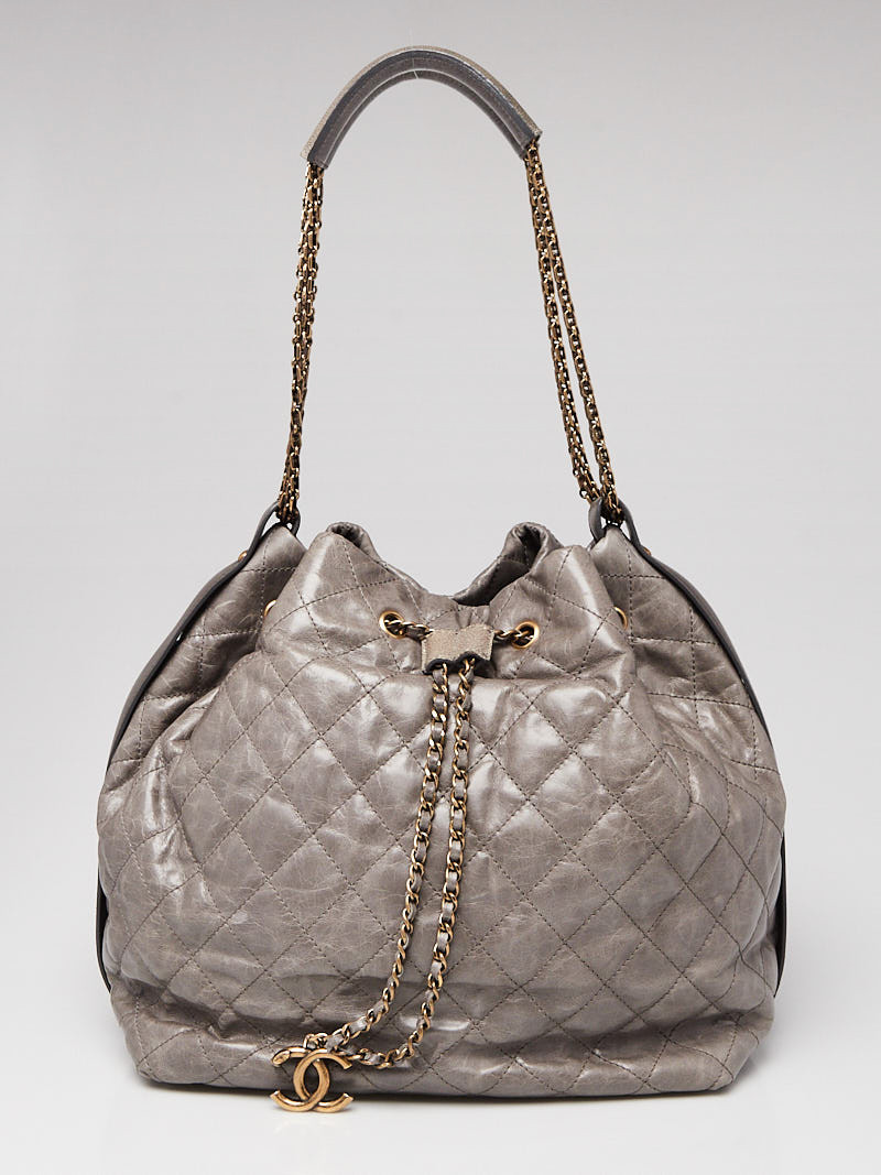Chanel Grey Quilted Stingray and Leather Drawstring Shoulder Bag