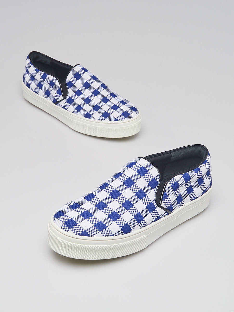 Celine Blue White Gingham Print Canvas Slip On Sneakers Size 6.5 37