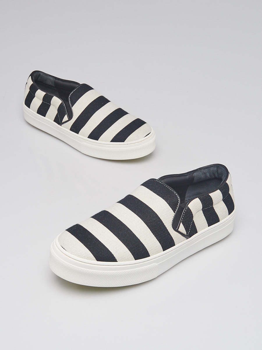 Celine Black White Striped Canvas Slip On Sneakers Size 7.5 38