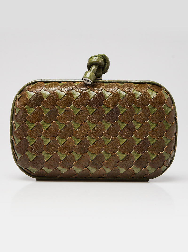Bottega Veneta Green Snakeskin and Brown Leather Knot Clutch Bag