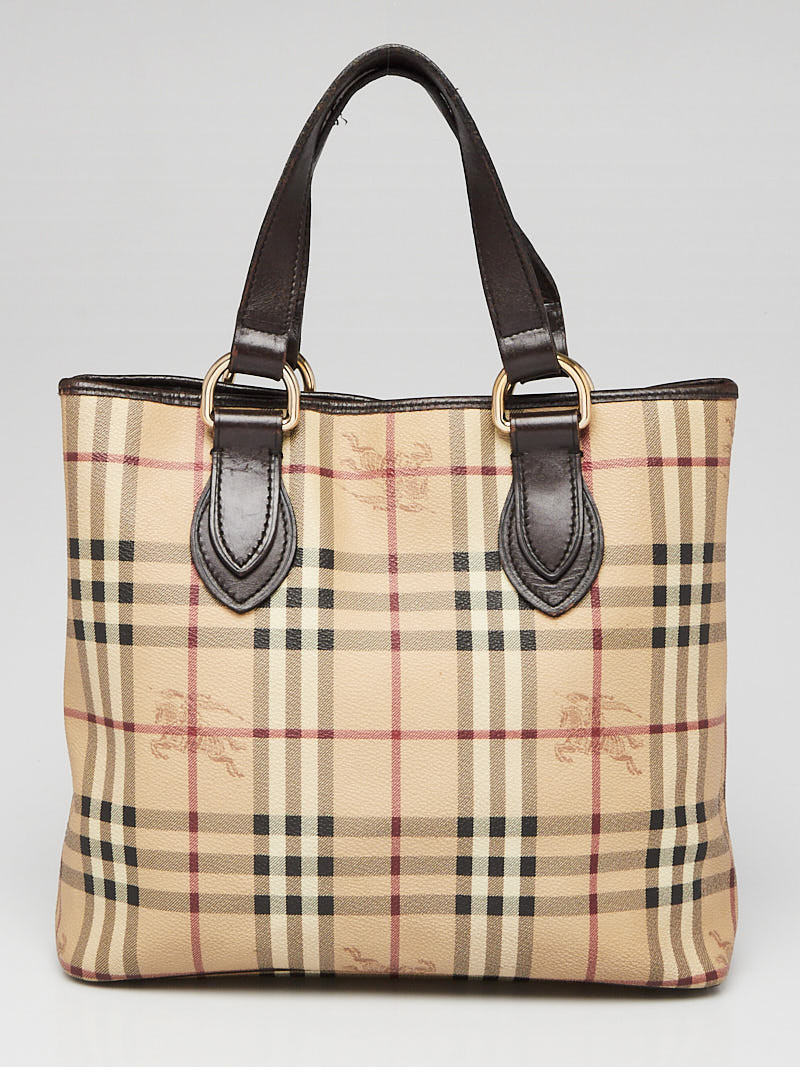 Burberry Haymarket Check Coated Canvas Brown Leather Small Regent Tote Bag