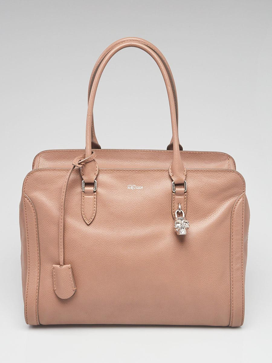 Alexander McQueen Brown Grained Leather Medium Skull Padlock Zip Tote Bag