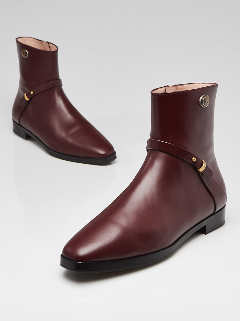Gucci Burgundy Smooth Leather Elite GG Ankle Boots Size 7 37.5