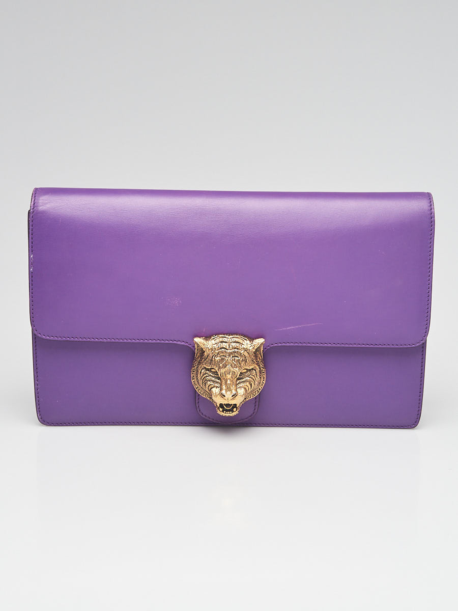 Gucci Purple Leather Animalier Flap Clutch Bag